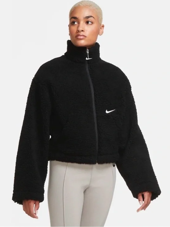 Nike Swoosh embroidered black Sherpa Teddy zip up Jacket - Picture 1 of 11